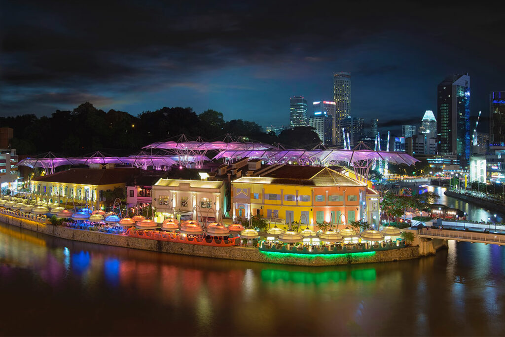 Clarke Quay Along Singapore River Panorama Aerial View Nightlife