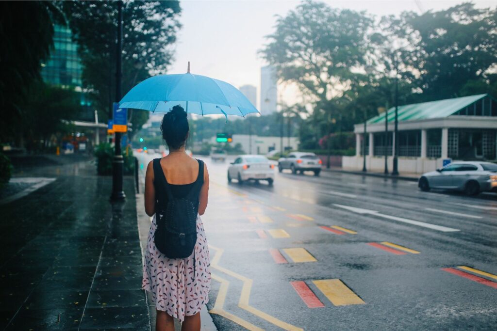 Young Woman Traveling Road Rainy Day Singapore
