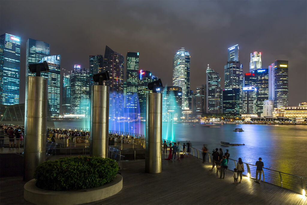 Marina Bay Sands Singapore Boardwalk Skyline Night Water Light Show