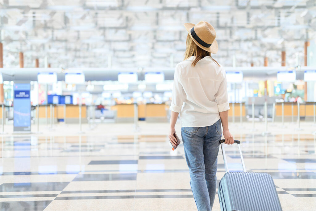 Vacation Summer Woman Hand Luggage Walking Airport Terminal